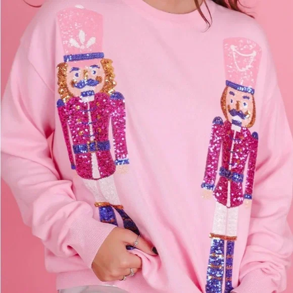Adorable! Nutcracker pastel pink sequin Christmas sweater crew neck pullover 🎄 - Picture 5 of 8
